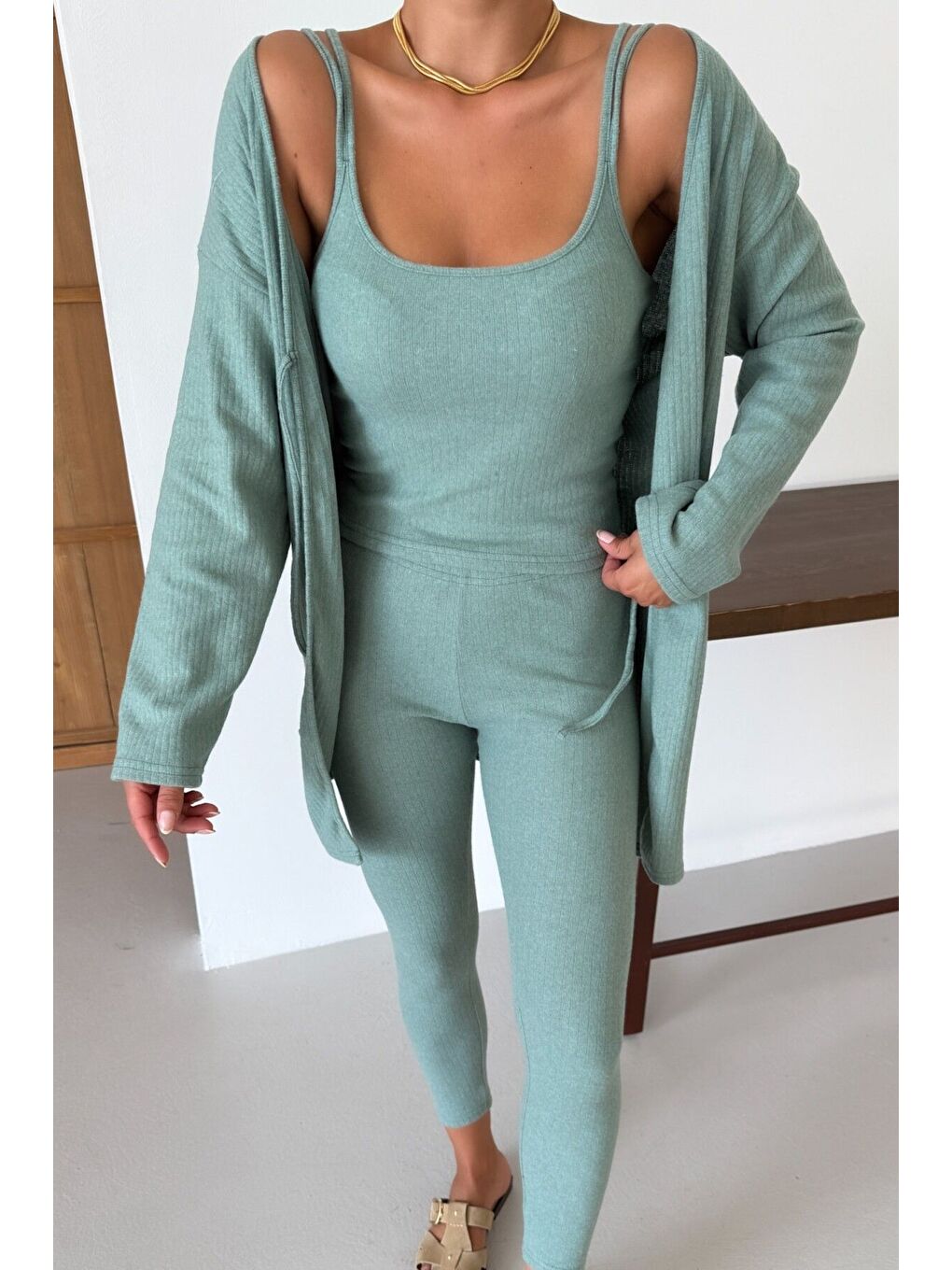 Kadın Mint Yeşili Askılı Atlet Tayt Hırkalı Alt-Üst Taytlı İnterlok Takım-7