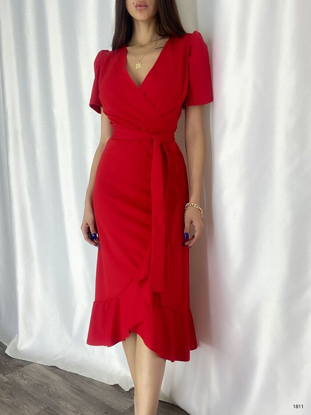Kırmızı Kadın Kruvaze Yaka Midi Boy Kuşaklı Krep Elbise 120 Cm-5