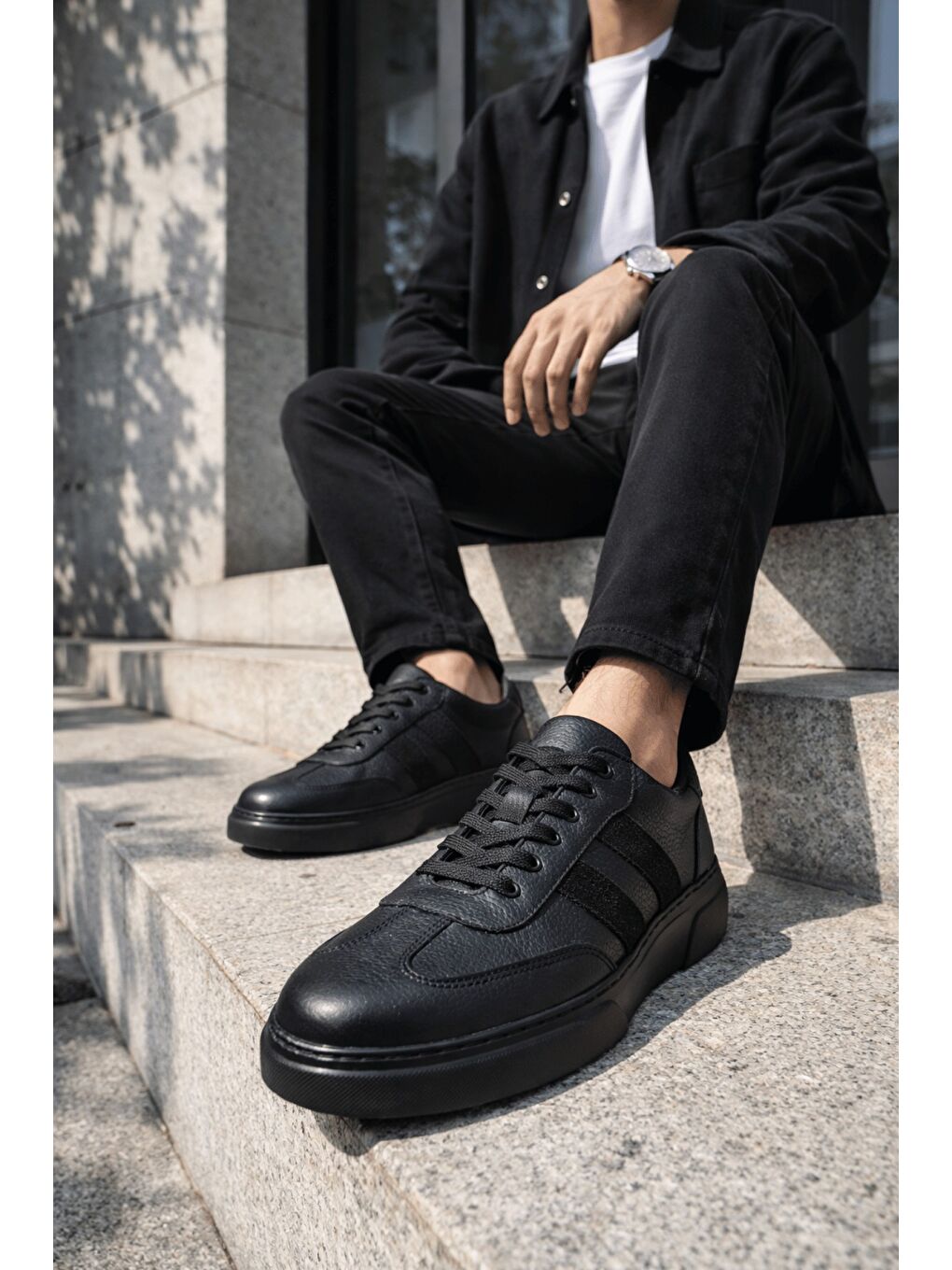 Siyah REEDS Hakiki Deri Bağcıklı Erkek Günlük Sneaker Spor Ayakkabı-4