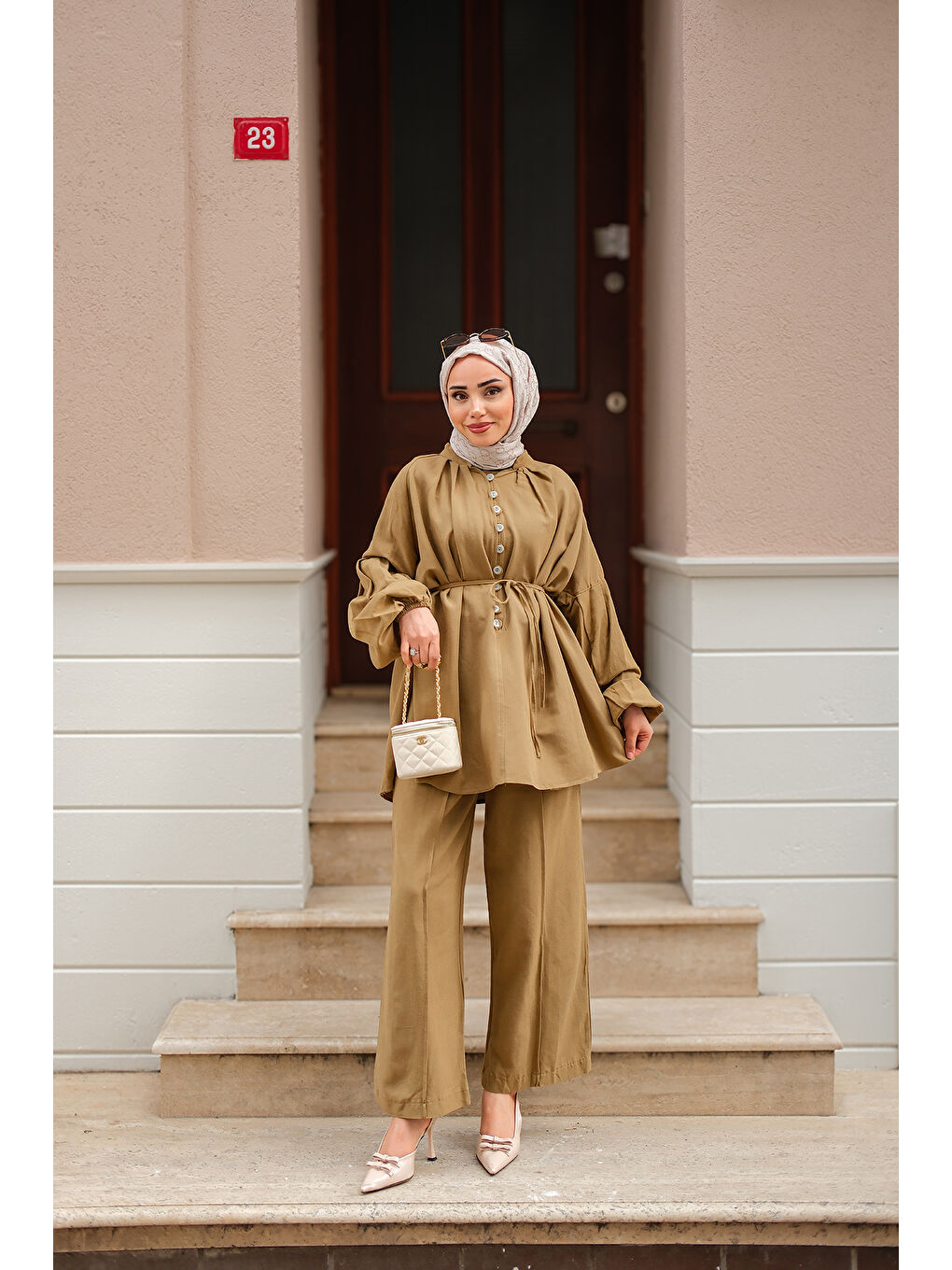 Sarı Kadın Önü Düğme Detaylı İkili Takım Hardal-1