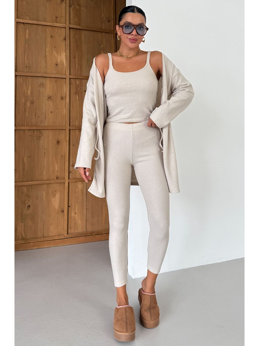 Kadın Bej Askılı Atlet Tayt Hırkalı Alt-Üst Taytlı İnterlok Takım