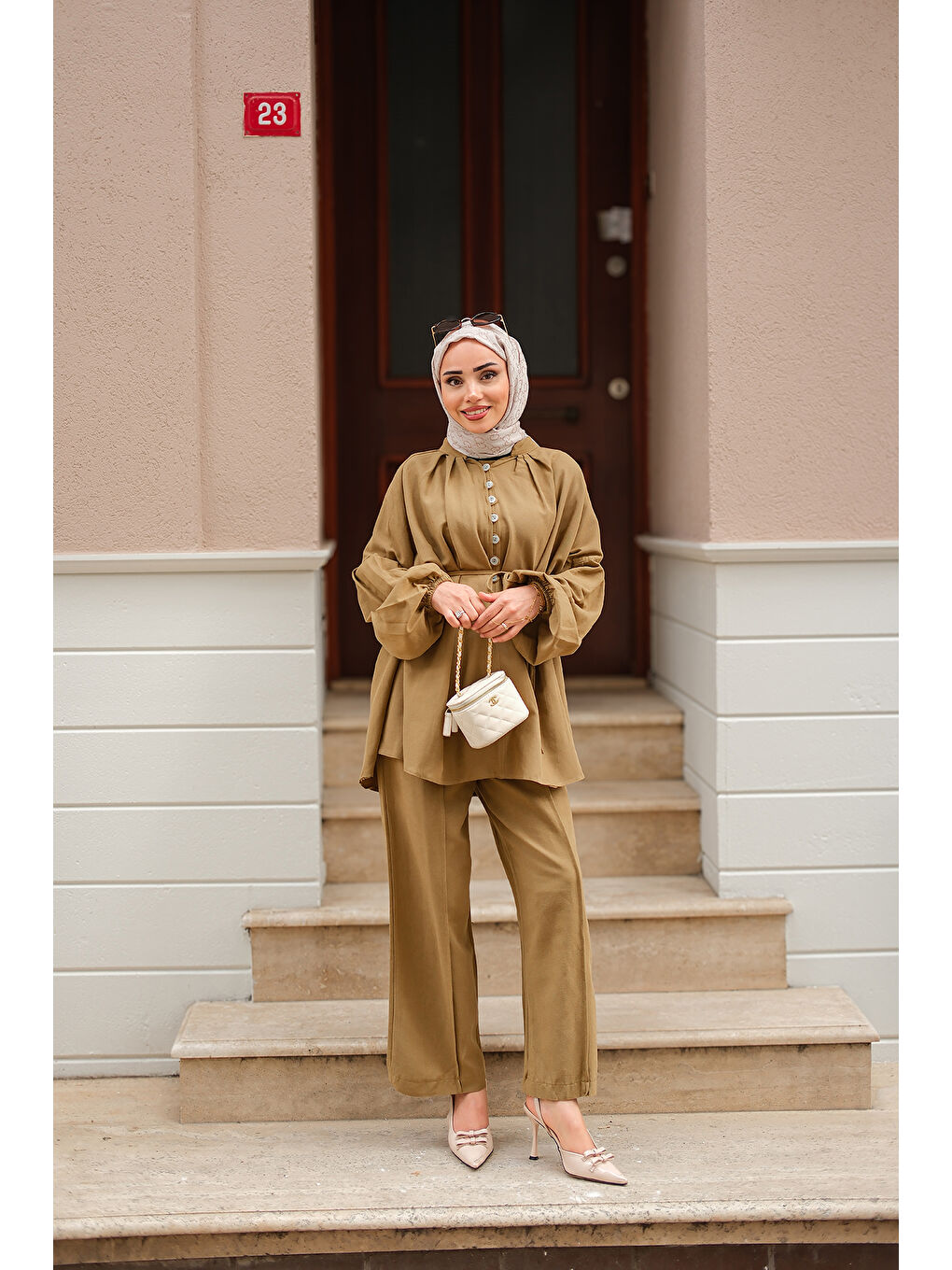 Sarı Kadın Önü Düğme Detaylı İkili Takım Hardal-2