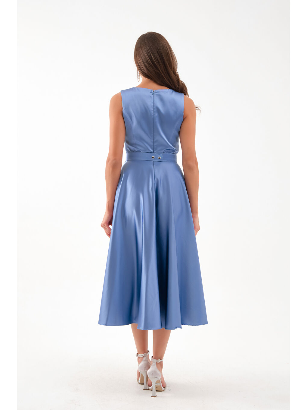 Kadın İndigo Kalın Askılı Kemerli Midi Abiye Elbise-4