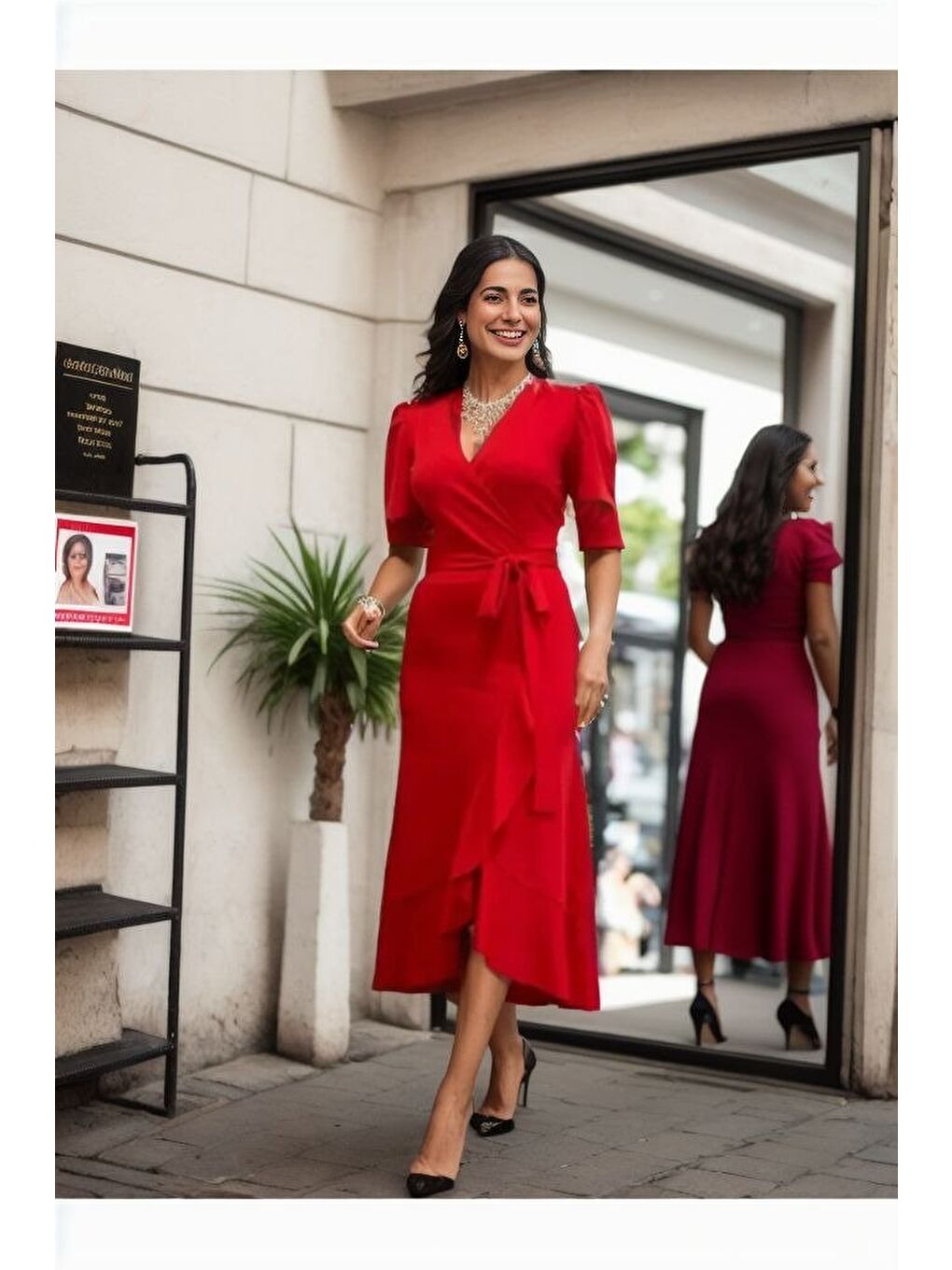 Kırmızı Kadın Kruvaze Yaka Midi Boy Kuşaklı Krep Elbise 120 Cm-1