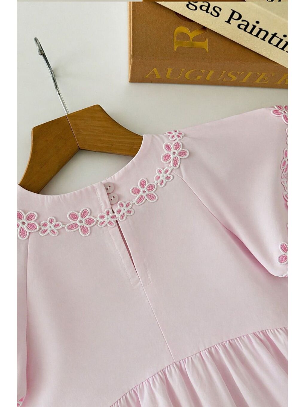 Kız Çocuk Pembe Pamuklu Çiçek Aplikeli Elbise-2