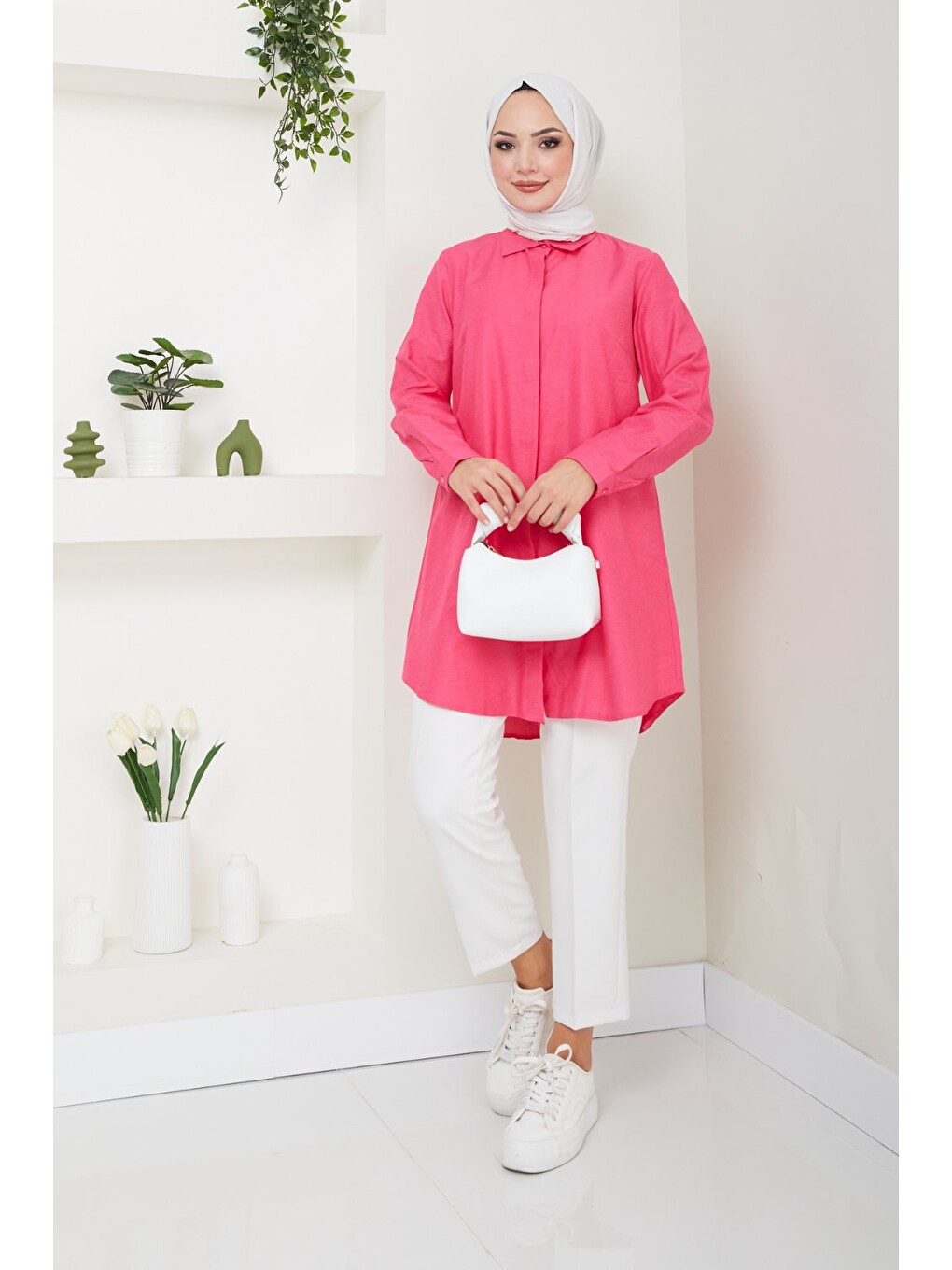 Kadın Uzun Basic Fuşya Polo Yaka Tesettür Gömlek Elbise-2