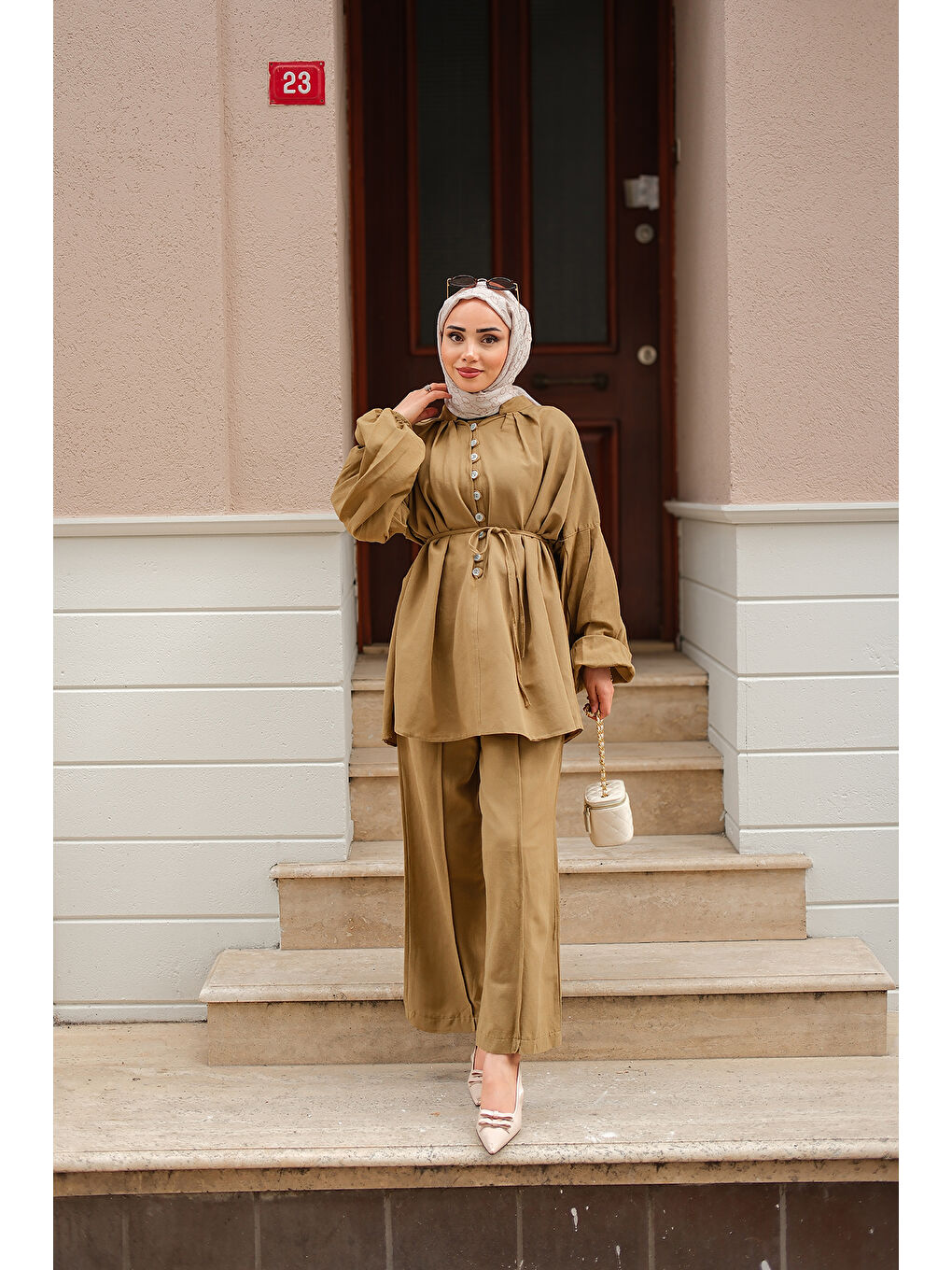 Sarı Kadın Önü Düğme Detaylı İkili Takım Hardal-3