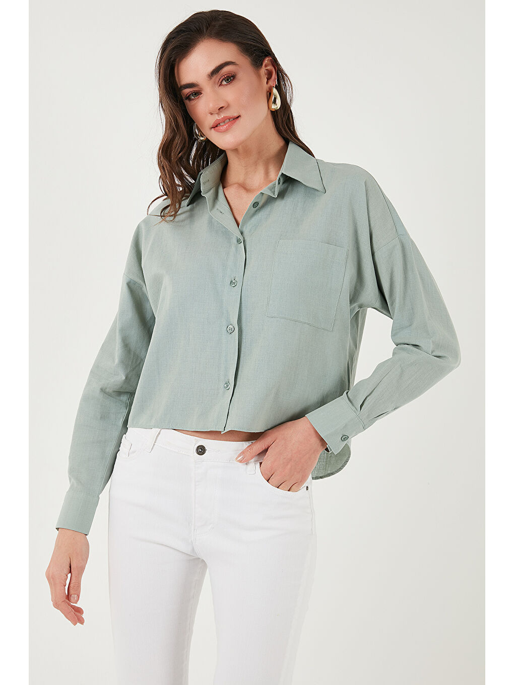 Yeşil Pamuk Ve Keten Karışımlı Regular Fit Önü Kısa Arkası Uzun Kadın Gömlek 6772867-4