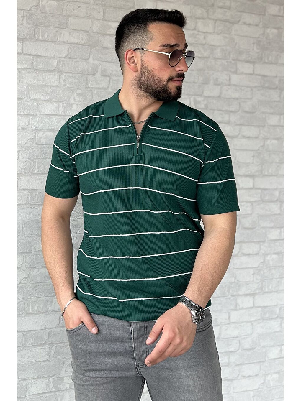 Yeşil Erkek Polo Yaka Yarım Fermuarlı Çizgi Desenli Triko Tişört