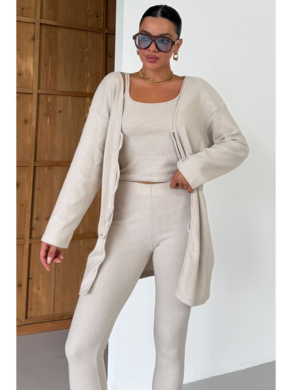 Kadın Bej Askılı Atlet Tayt Hırkalı Alt-Üst Taytlı İnterlok Takım-2