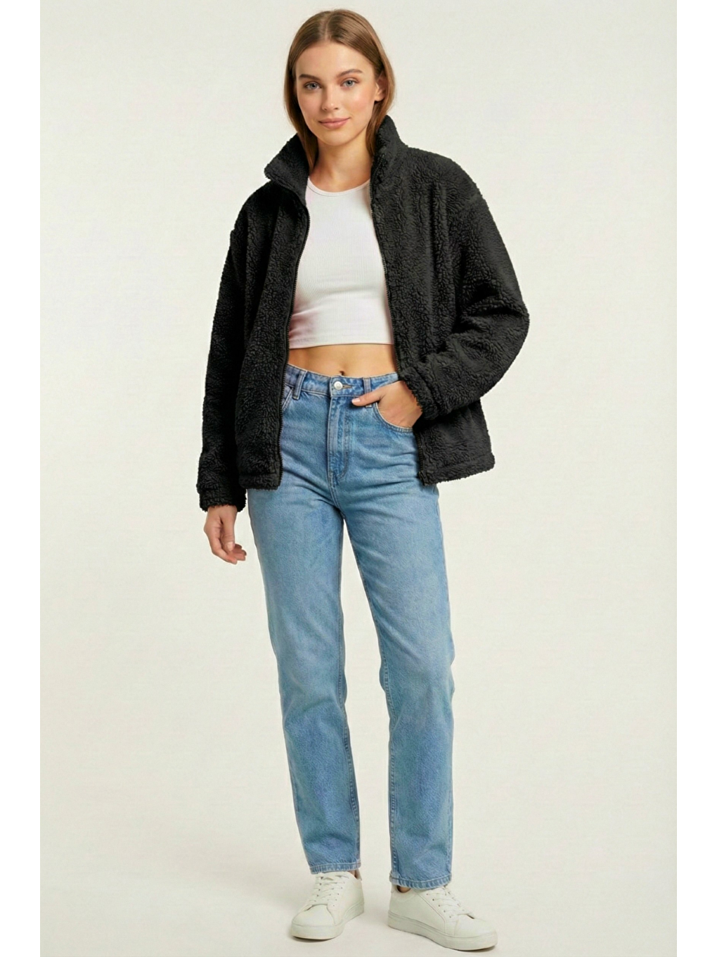 Siyah Kadın Pelüş Tam Fermuarlı Cepli Sherpa Kuzu Kumaş Oversize Pelüş Polar Sweatshirt-1