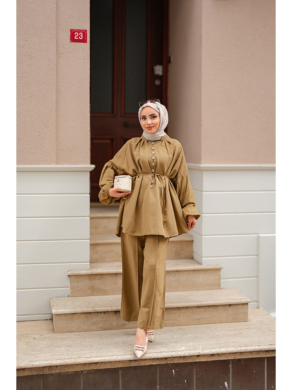 Sarı Kadın Önü Düğme Detaylı İkili Takım Hardal-4