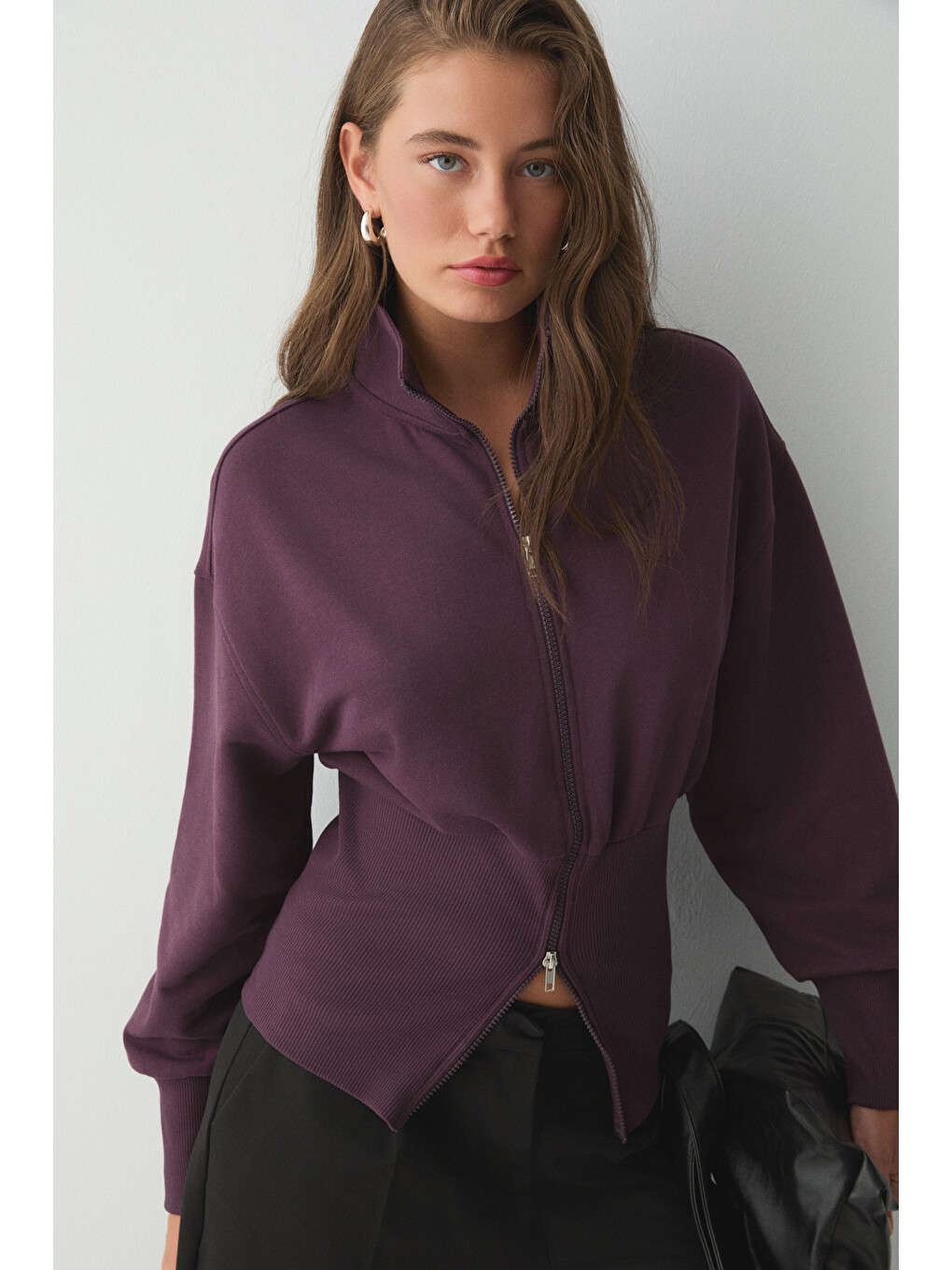 Vıvaldı Kadın Organik Pamuklu Beli Korseli Fermuarlı Mor Sweatshirt