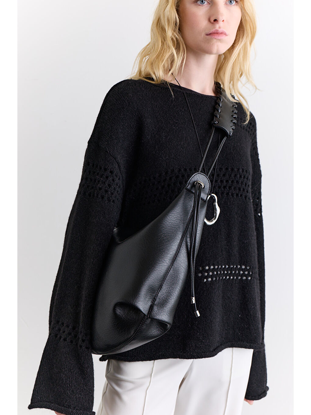 Örgü Detaylı Tote Çanta Siyah-1