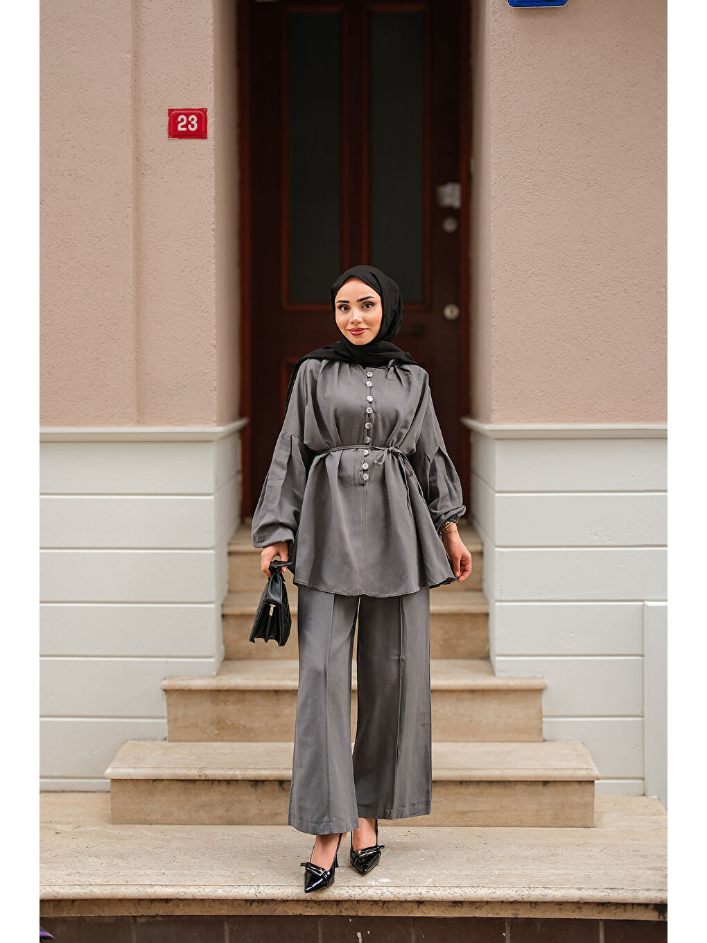 Kadın Önü Düğme Detaylı İkili Takım Gri-2