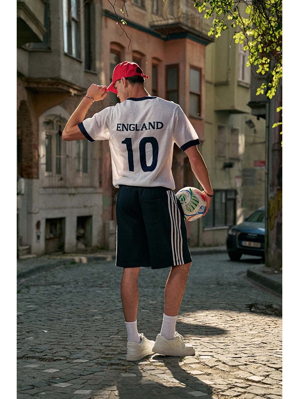 Erkek Oversize Futbol V Yaka Triko Forma T-Shirt Ekru-4