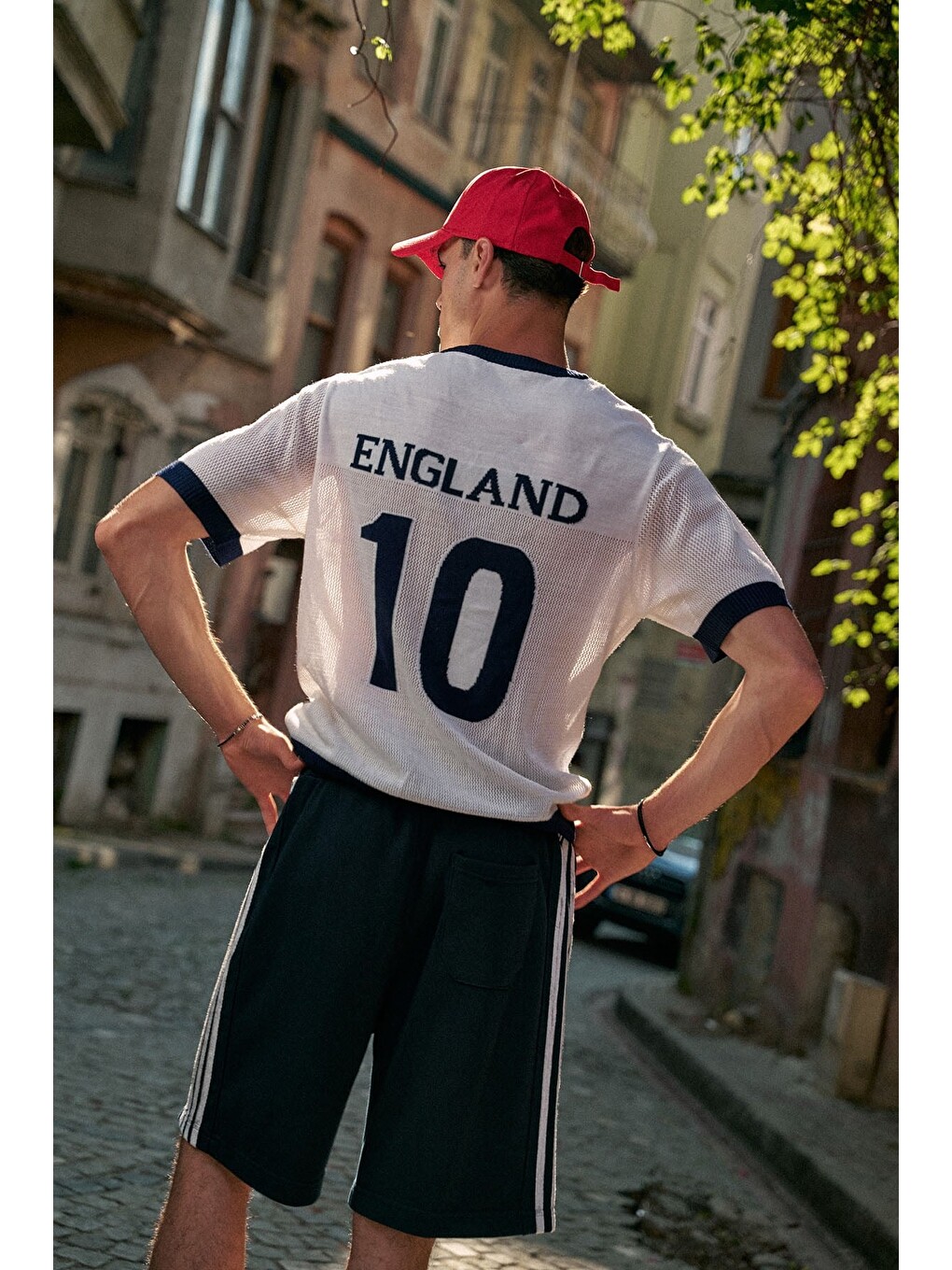 Erkek Oversize Futbol V Yaka Triko Forma T-Shirt Ekru-5