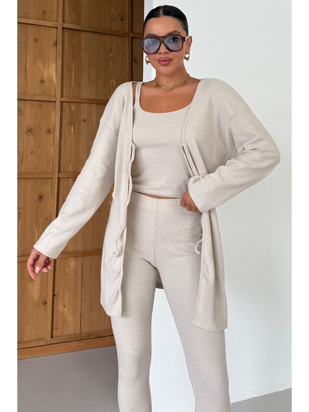 Kadın Bej Askılı Atlet Tayt Hırkalı Alt-Üst Taytlı İnterlok Takım-3