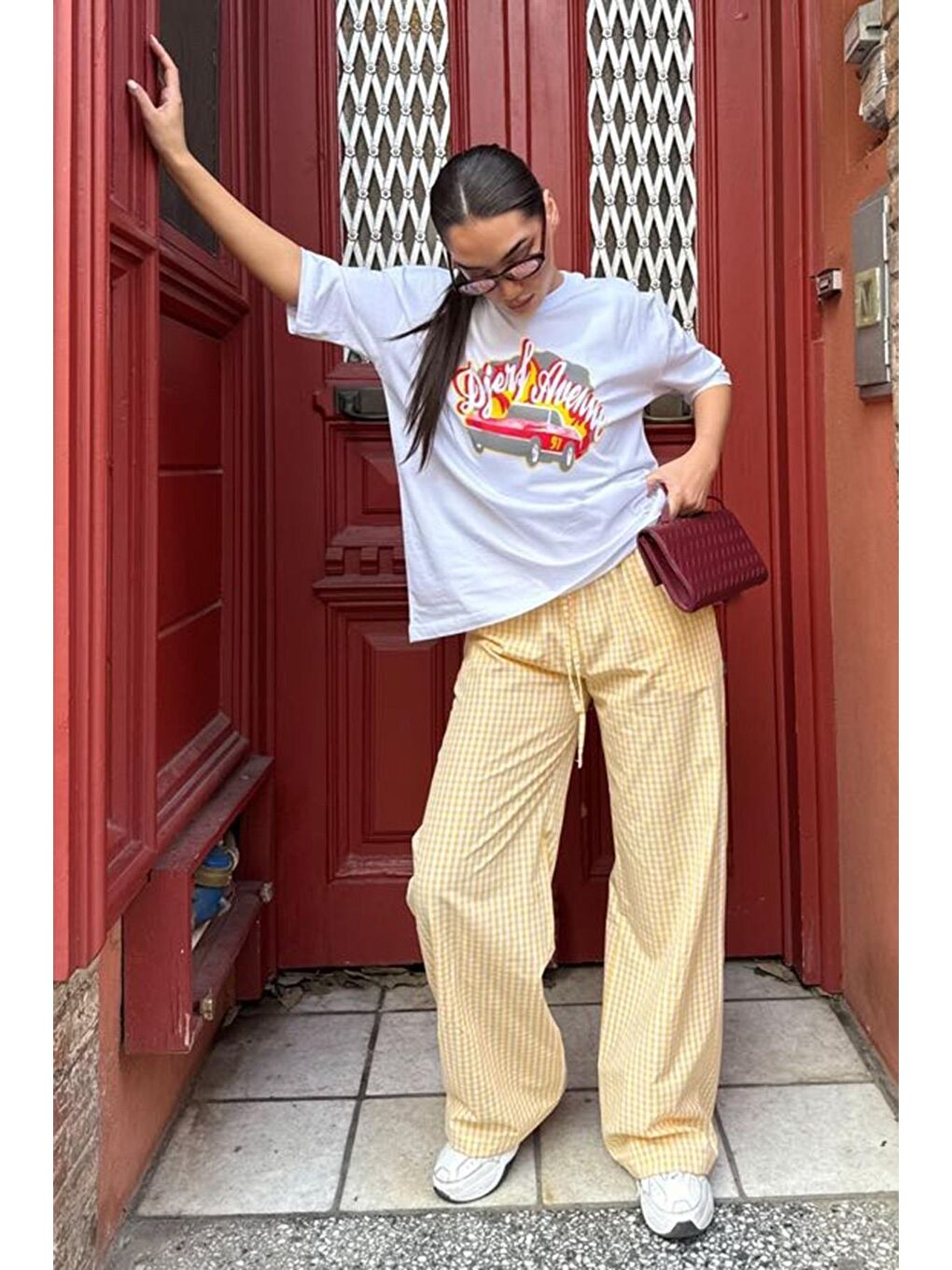 Açık Sarı Pötikareli Bol Paça Kadın Pantolon Mg2335-1