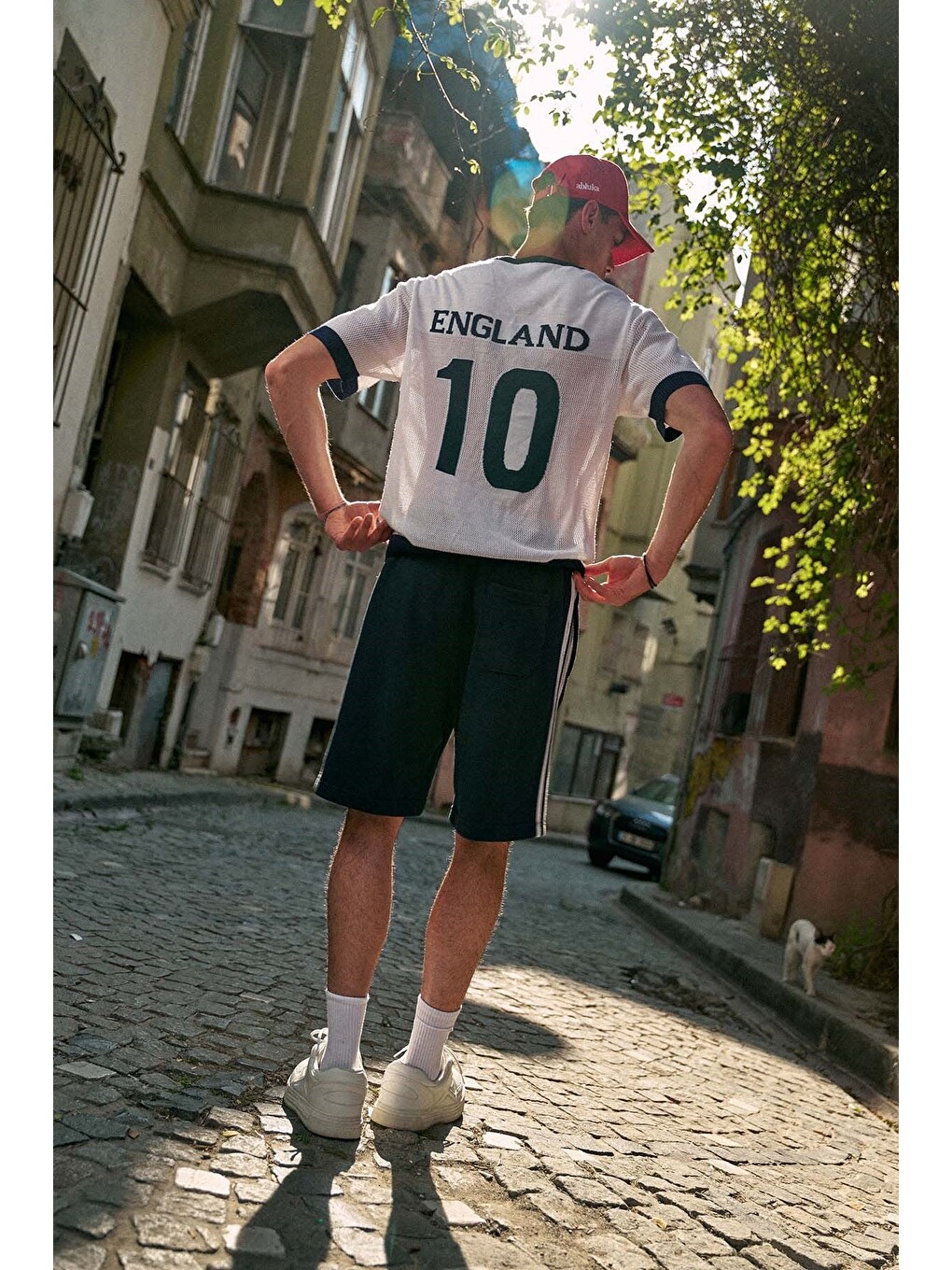 Erkek Oversize Futbol V Yaka Triko Forma T-Shirt Ekru-6