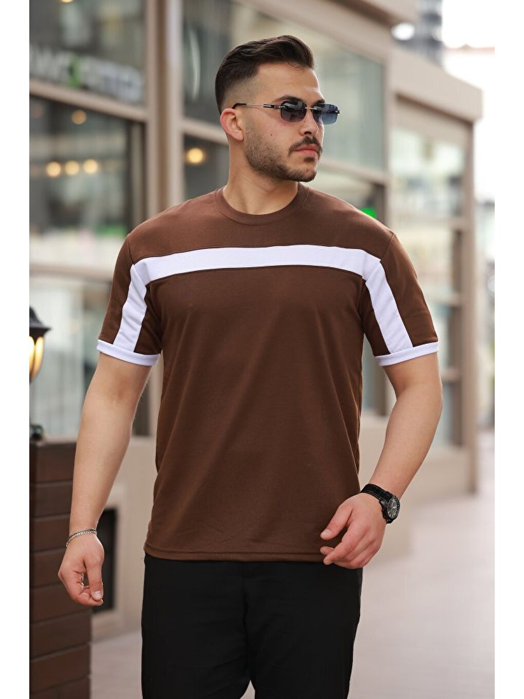 Kahverengi Erkek şerit Detaylı Kısa Kollu T-shirt