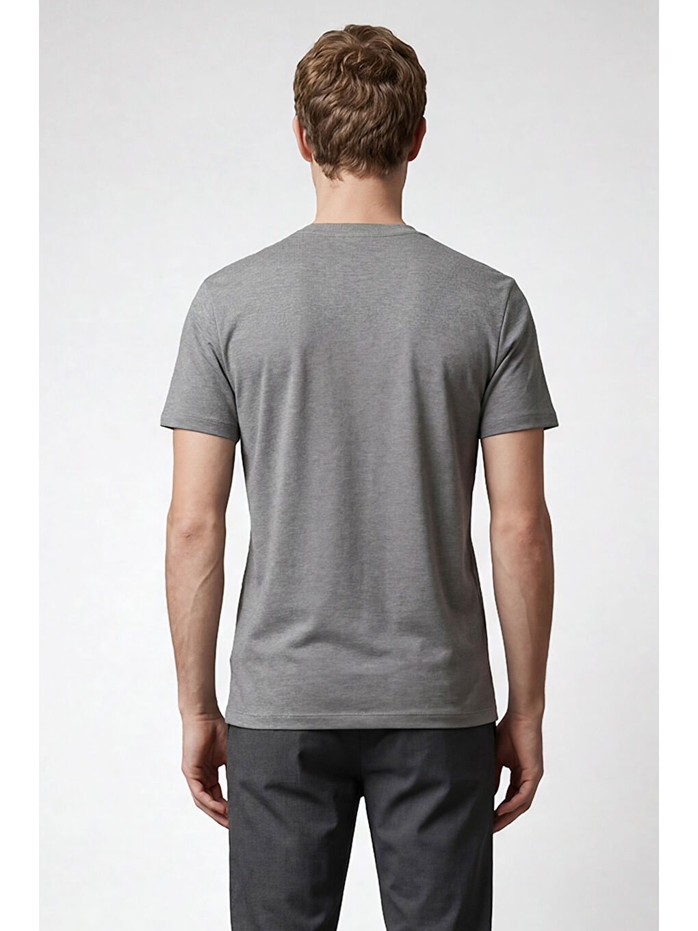 Erkek Gri Pamuklu Slim Fit Dar Kesim Bisiklet Yaka Tişört-4