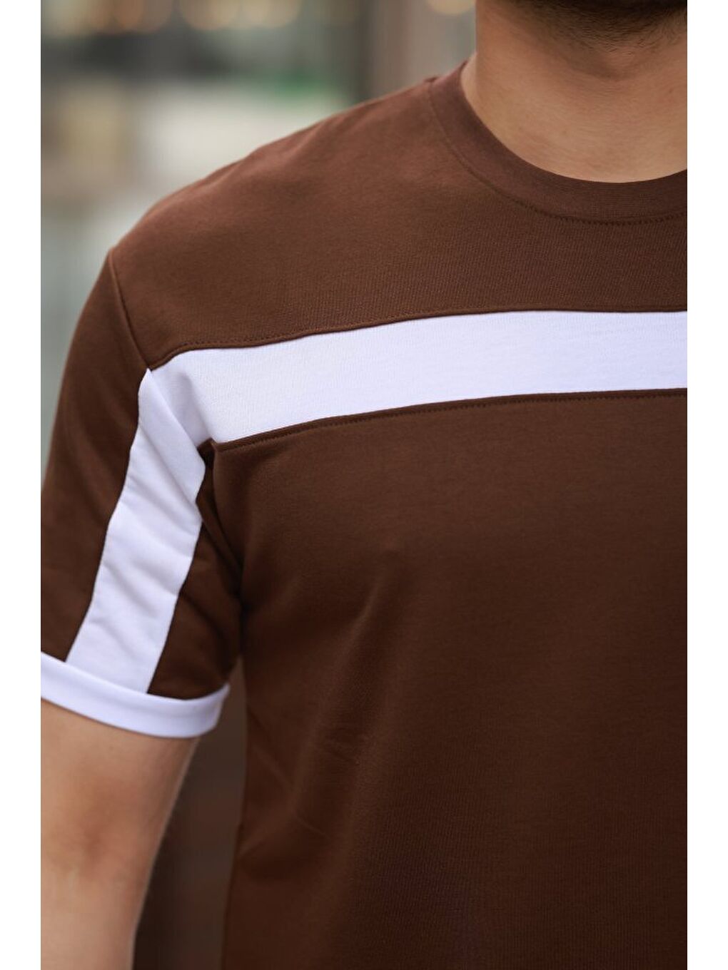 Kahverengi Erkek şerit Detaylı Kısa Kollu T-shirt-2