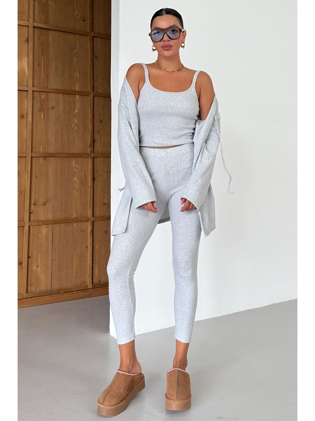 Kadın Gri Askılı Atlet Tayt Hırkalı Alt-Üst Taytlı İnterlok Takım