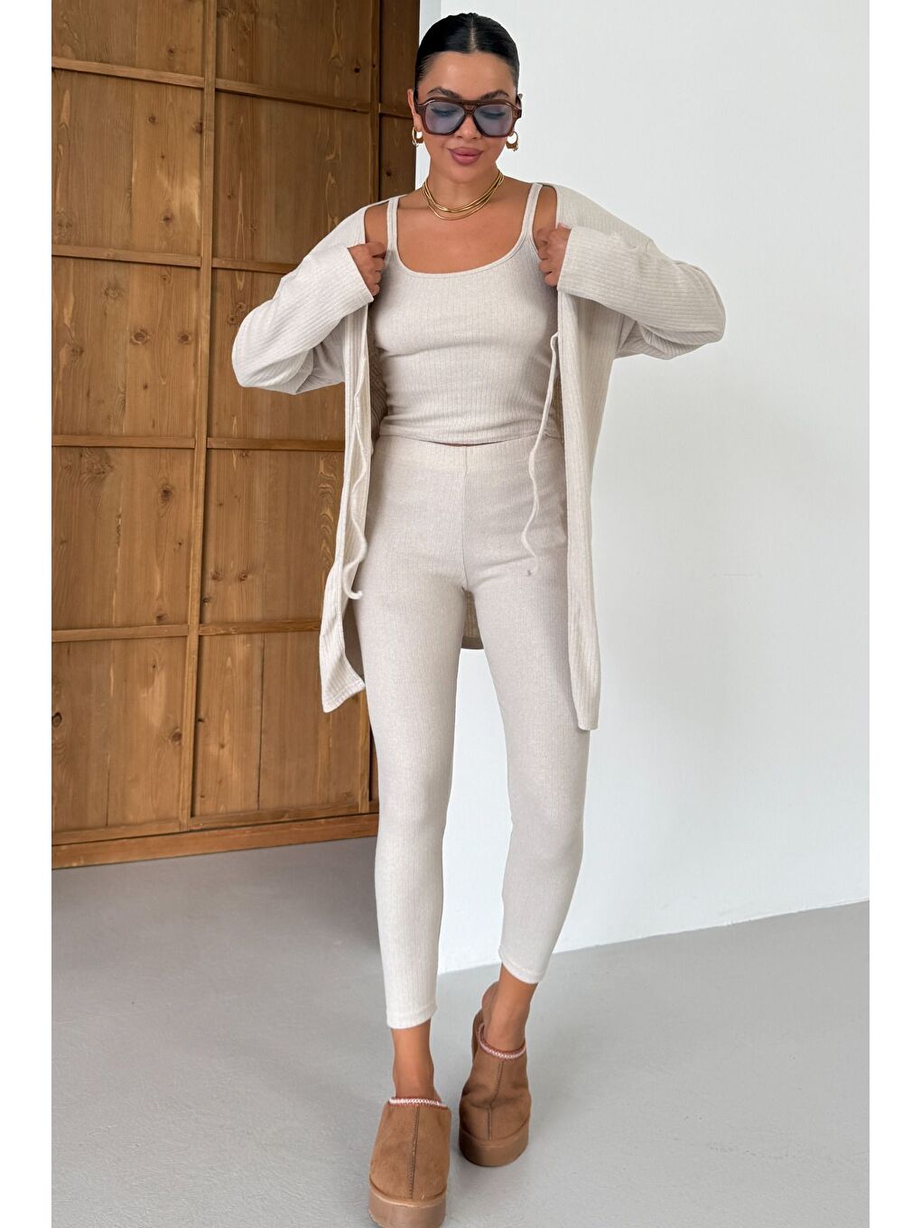 Kadın Bej Askılı Atlet Tayt Hırkalı Alt-Üst Taytlı İnterlok Takım-4