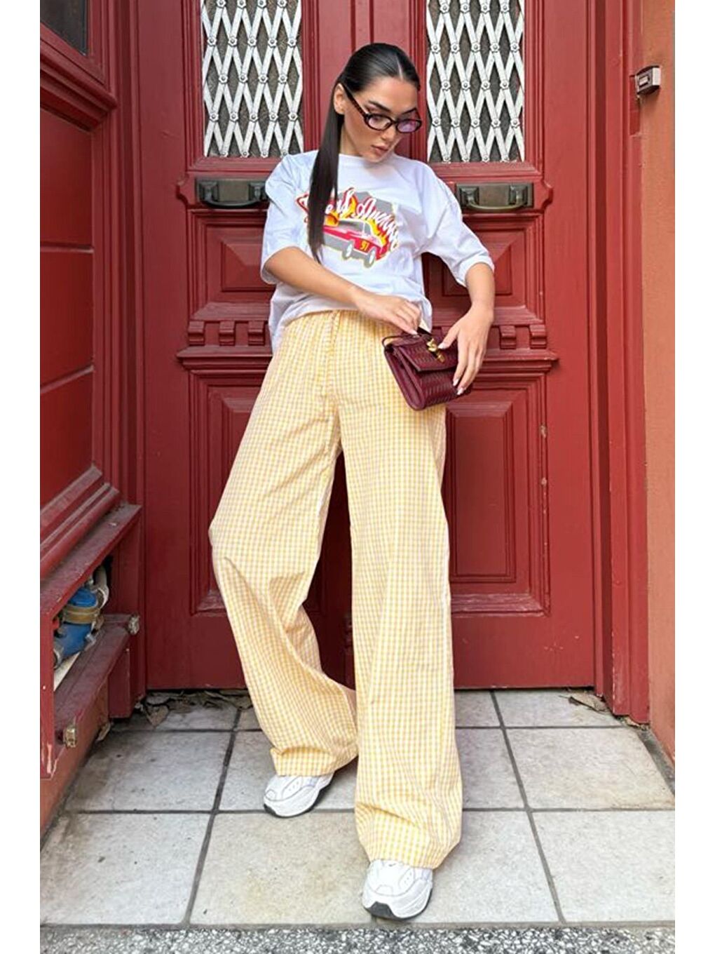 Açık Sarı Pötikareli Bol Paça Kadın Pantolon Mg2335-4