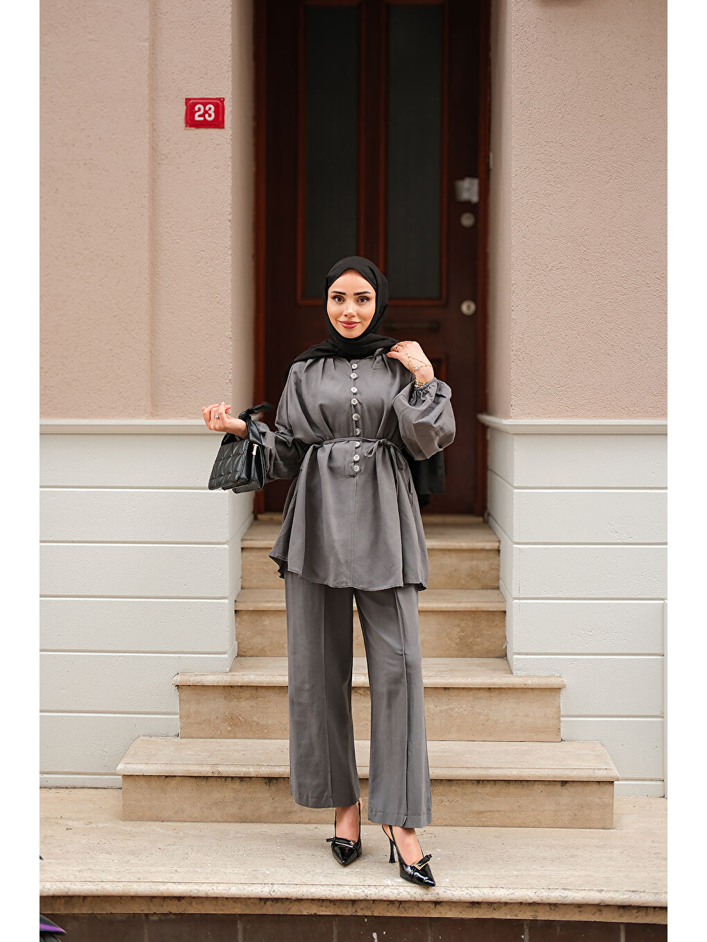 Kadın Önü Düğme Detaylı İkili Takım Gri-3