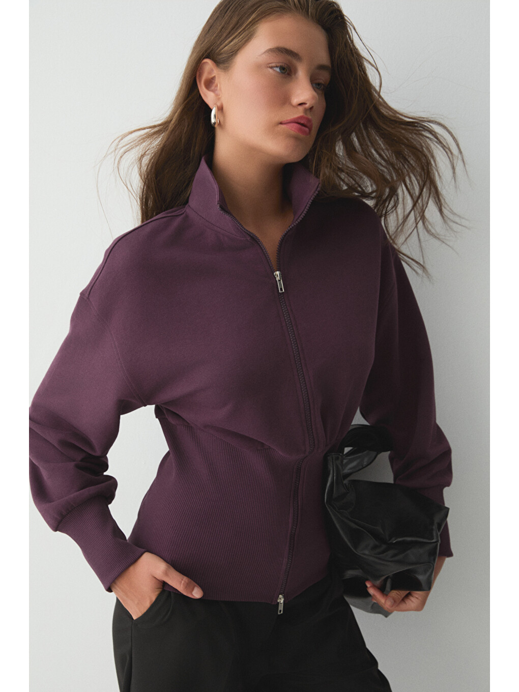 Vıvaldı Kadın Organik Pamuklu Beli Korseli Fermuarlı Mor Sweatshirt-1