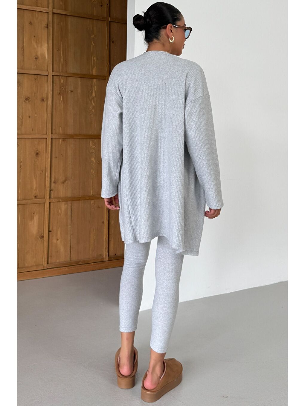 Kadın Gri Askılı Atlet Tayt Hırkalı Alt-Üst Taytlı İnterlok Takım-1