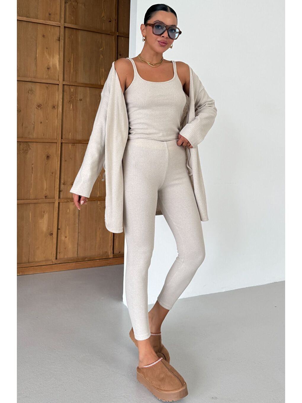 Kadın Bej Askılı Atlet Tayt Hırkalı Alt-Üst Taytlı İnterlok Takım-5