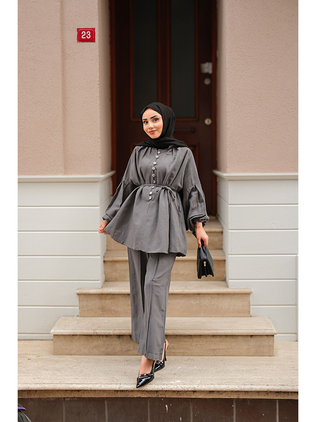 Kadın Önü Düğme Detaylı İkili Takım Gri-4