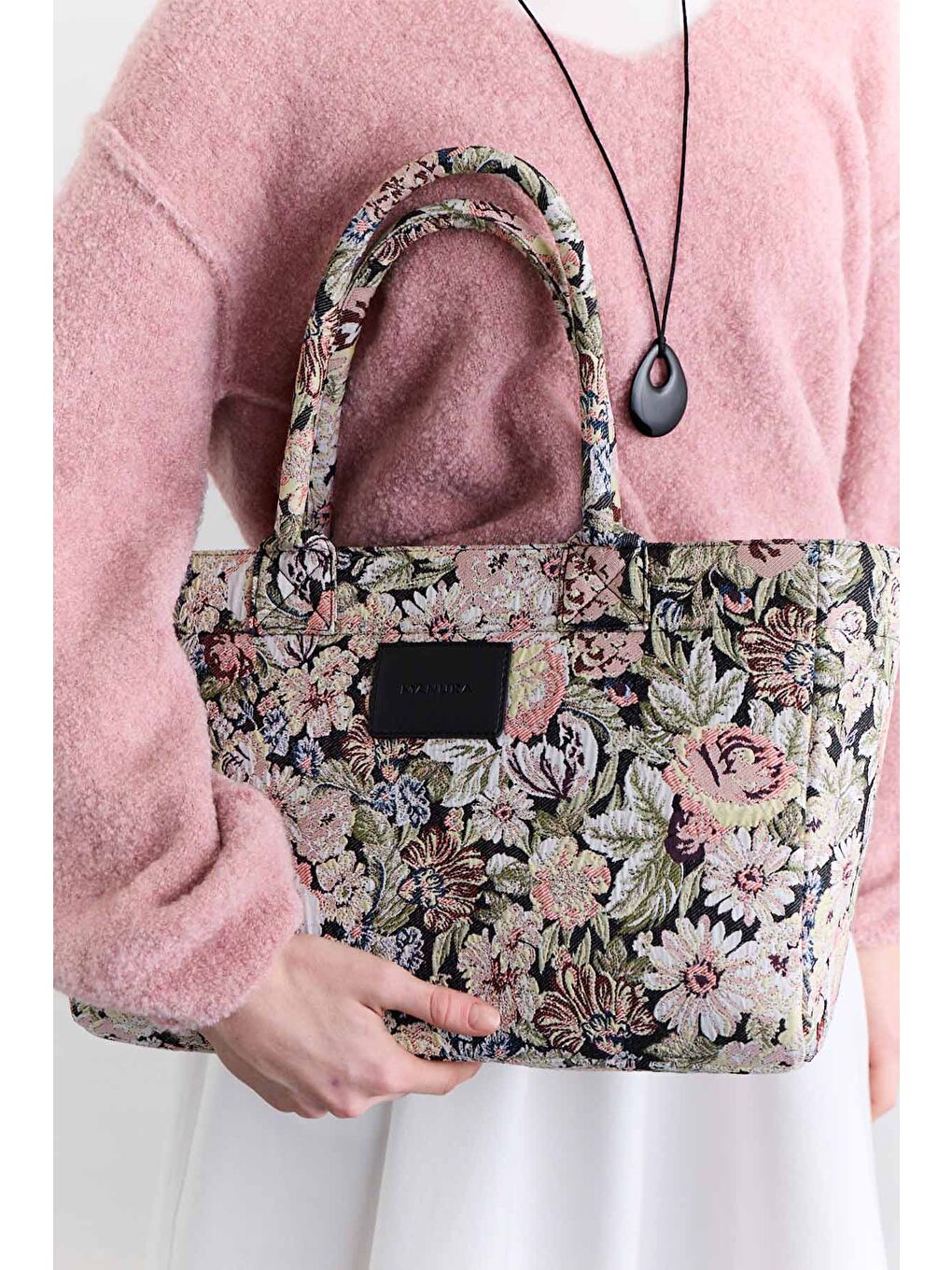 Pembe Jakar Desenli Tote Çanta Pudra-1