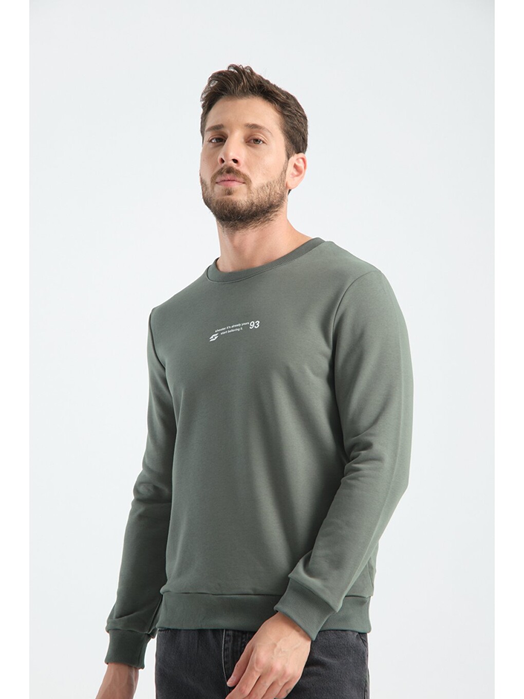Haki Erkek Üç İplik Sweatshirt Regular Fit Pamuklu Bisiklet Yaka Günlük Spor Basic-1