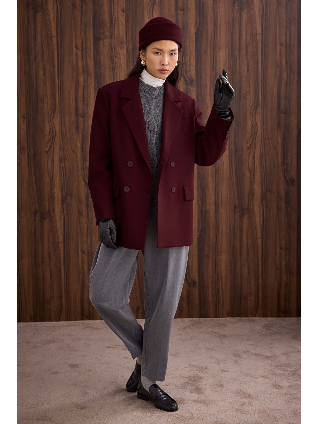 İnce Kaşe Kruvaze Ceket Bordo-2