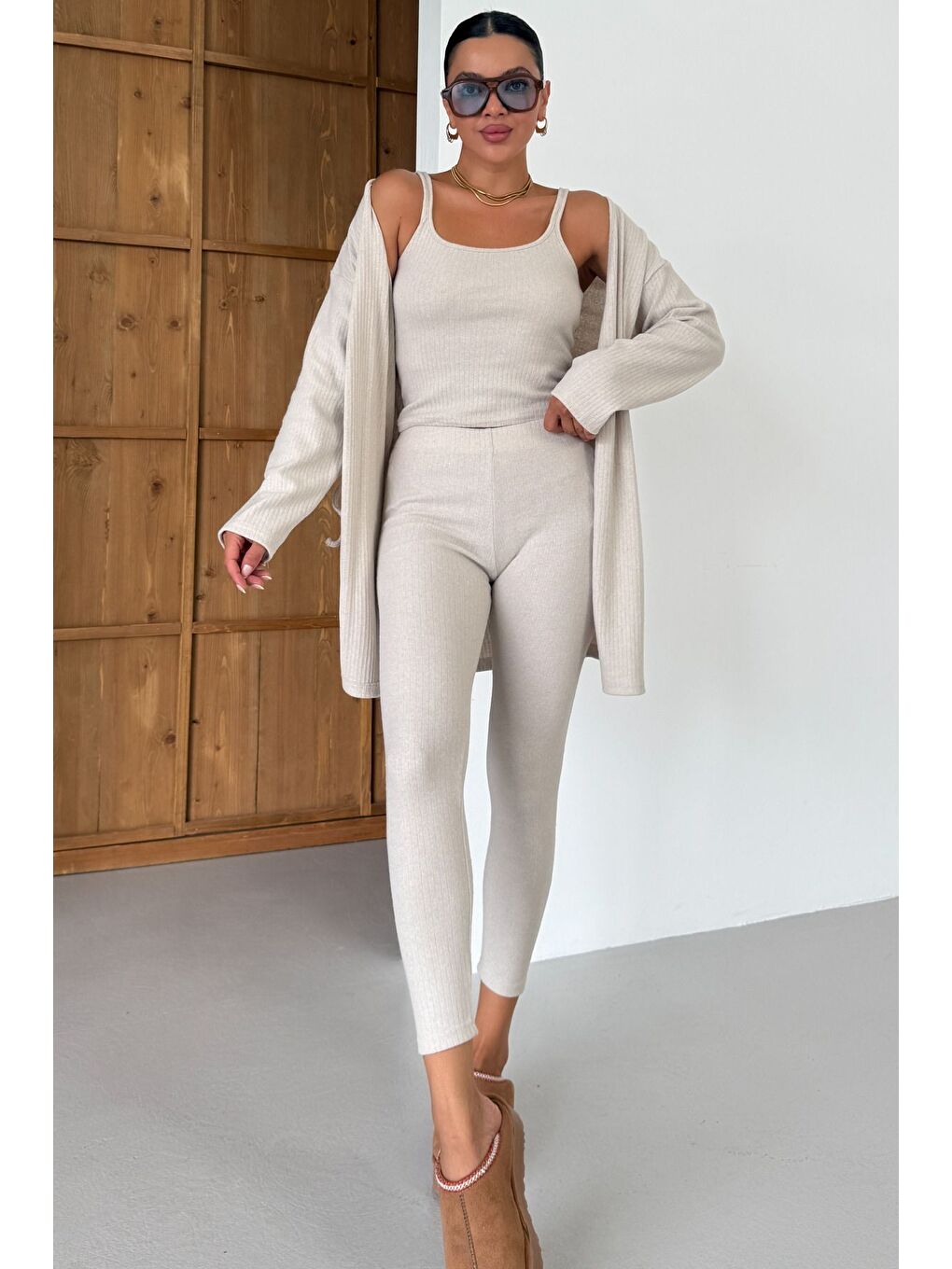 Kadın Bej Askılı Atlet Tayt Hırkalı Alt-Üst Taytlı İnterlok Takım-6