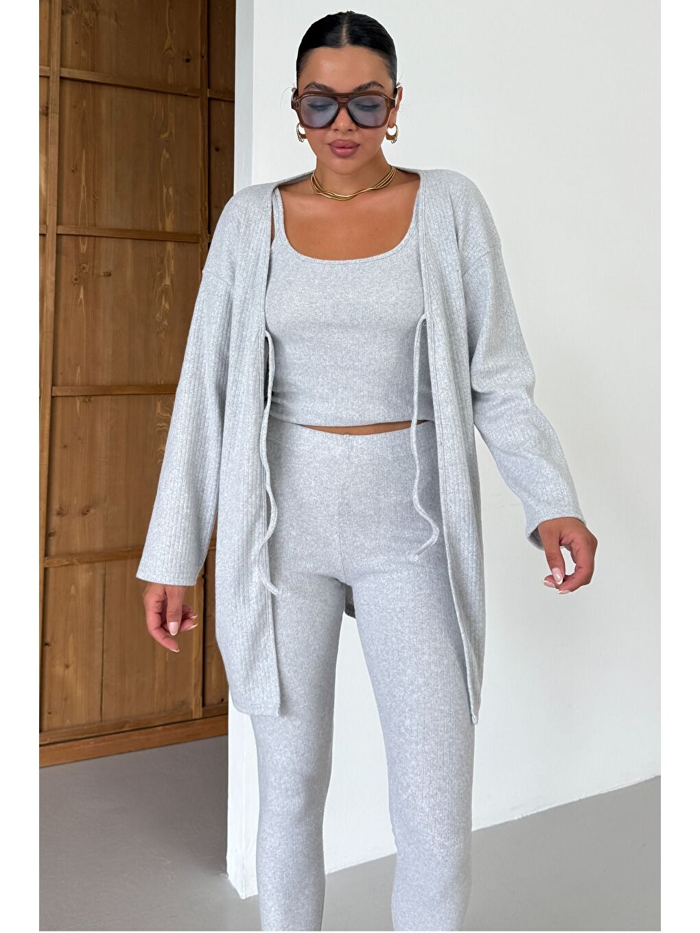Kadın Gri Askılı Atlet Tayt Hırkalı Alt-Üst Taytlı İnterlok Takım-2