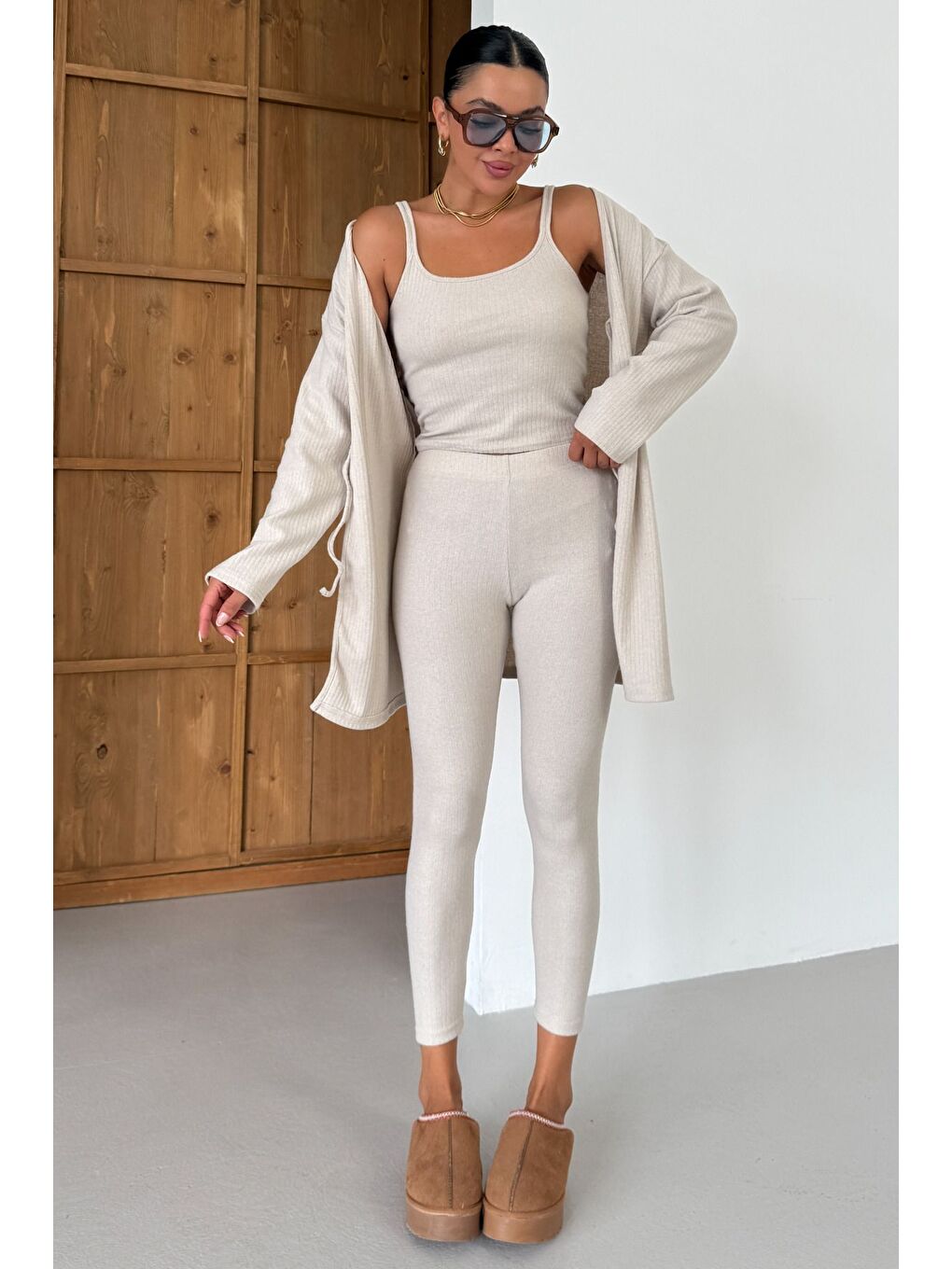 Kadın Bej Askılı Atlet Tayt Hırkalı Alt-Üst Taytlı İnterlok Takım-7