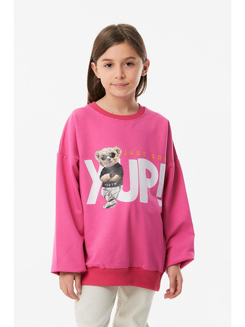 Fuşya Ayıcık Baskılı Kız Çocuk Sweatshirt