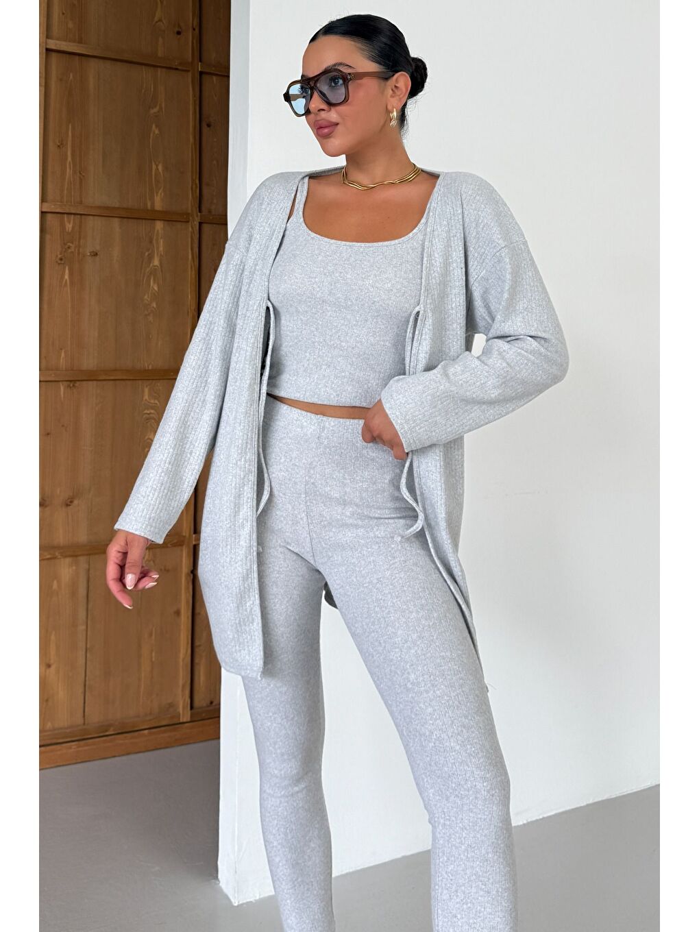 Kadın Gri Askılı Atlet Tayt Hırkalı Alt-Üst Taytlı İnterlok Takım-3