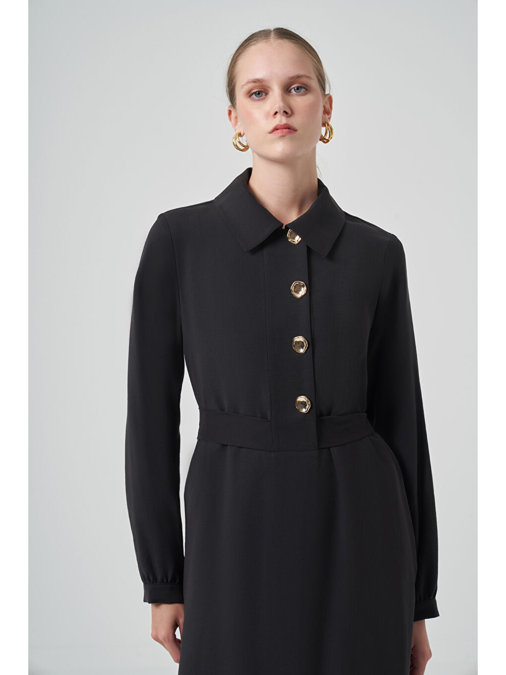 Çıtçıt Düğme Detay Kuşaklı Elbise 2007 Siyah-1