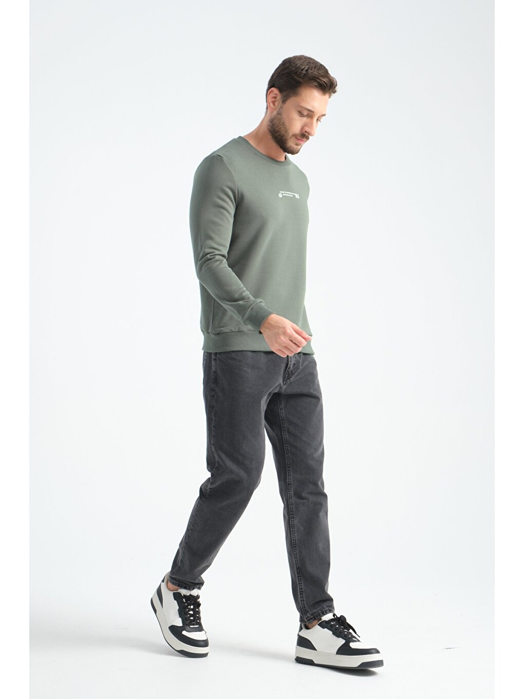 Haki Erkek Üç İplik Sweatshirt Regular Fit Pamuklu Bisiklet Yaka Günlük Spor Basic-2