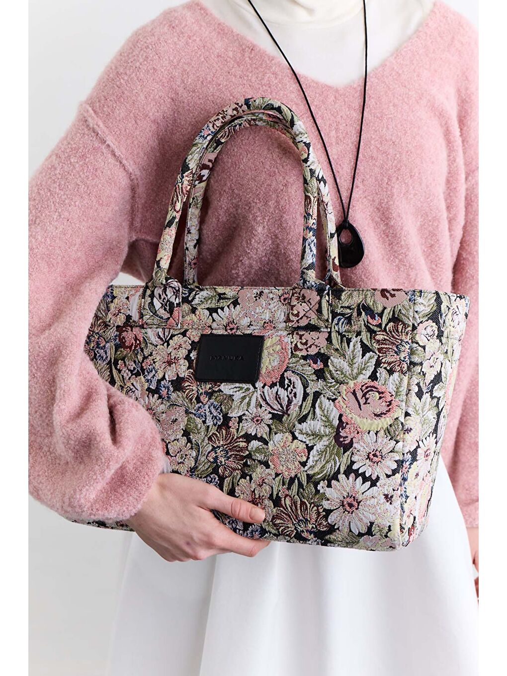 Pembe Jakar Desenli Tote Çanta Pudra-3