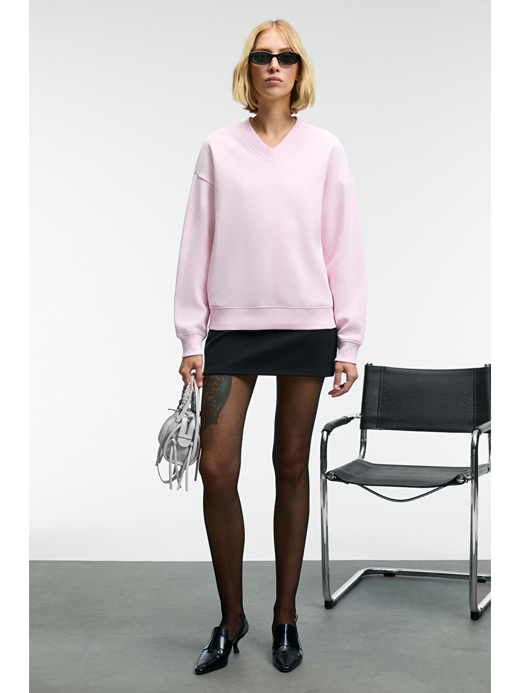 Arınel Kadın V Yaka Regular Fit Pembe Sweatshirt-1