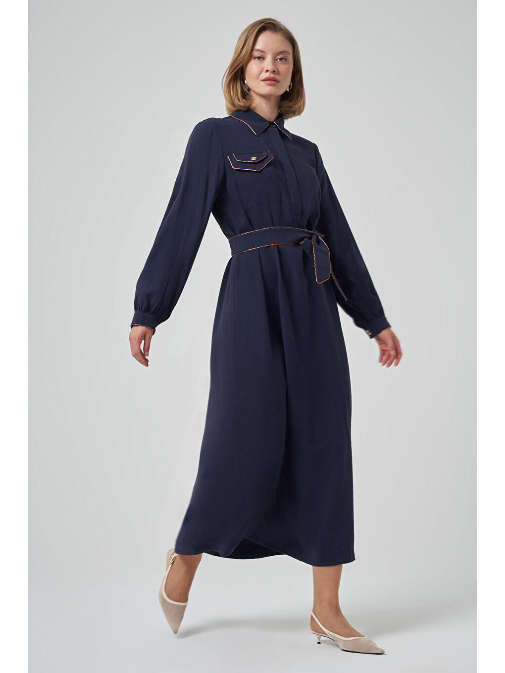 Cep Detay Kuşaklı Elbise 2005 Lacivert