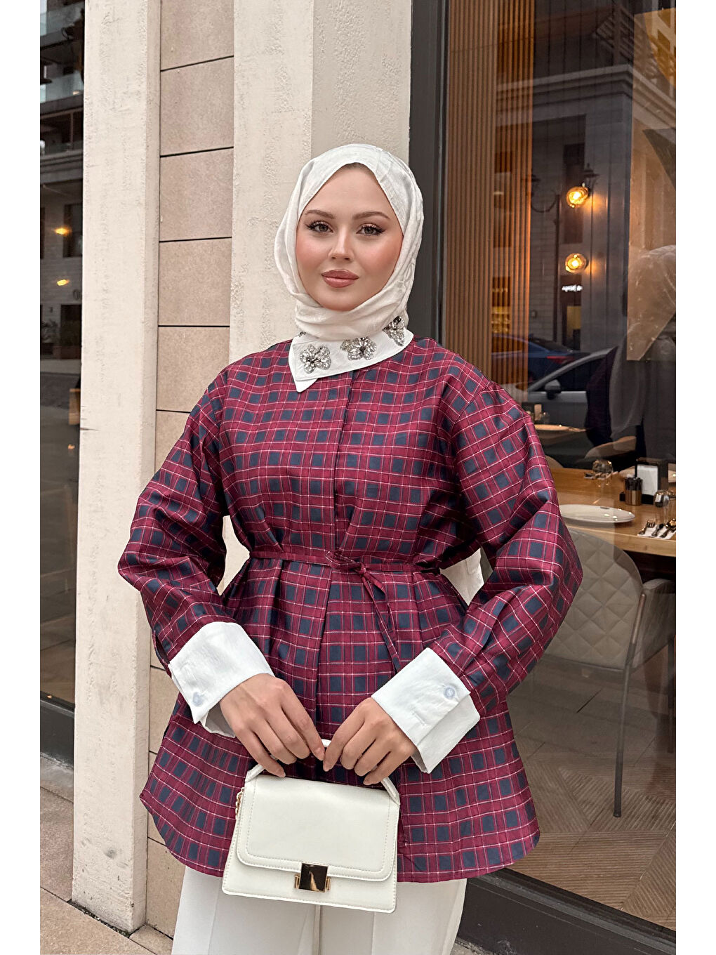 Kadın Gizli Düğmeli Bel Bağlamalı Gömlek Bordo