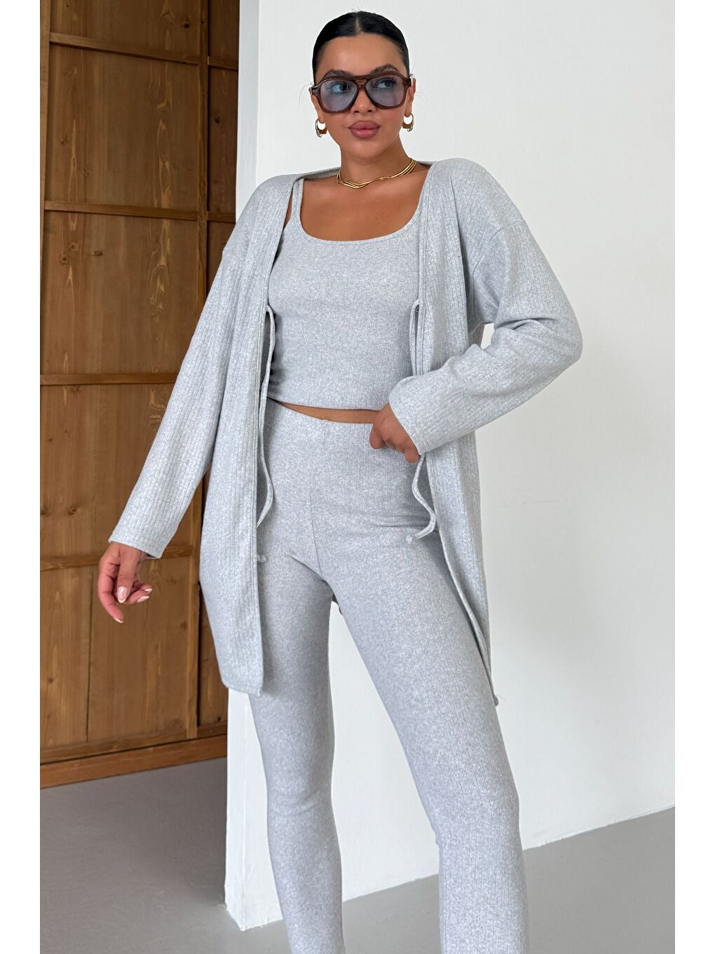 Kadın Gri Askılı Atlet Tayt Hırkalı Alt-Üst Taytlı İnterlok Takım-4